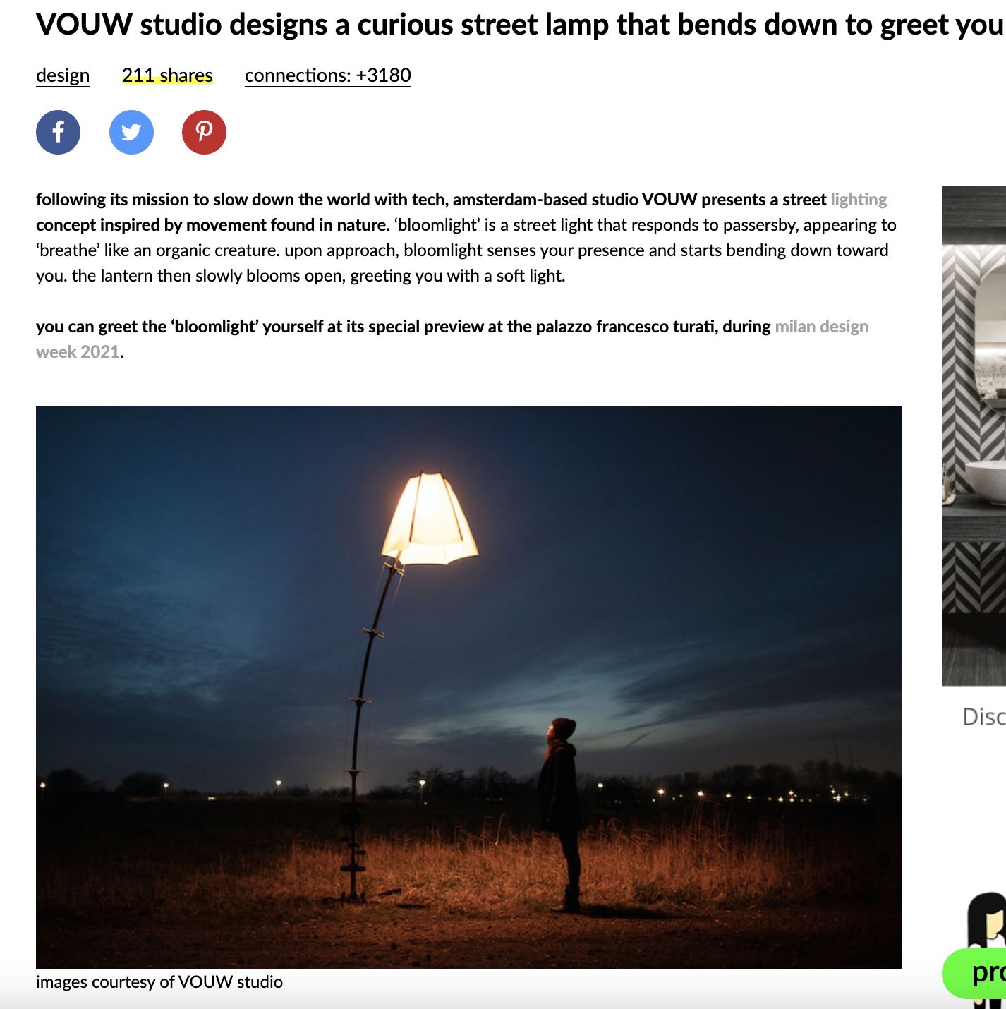 Designboom: VOUW studio designs a curious street lamp that bends down to greet you